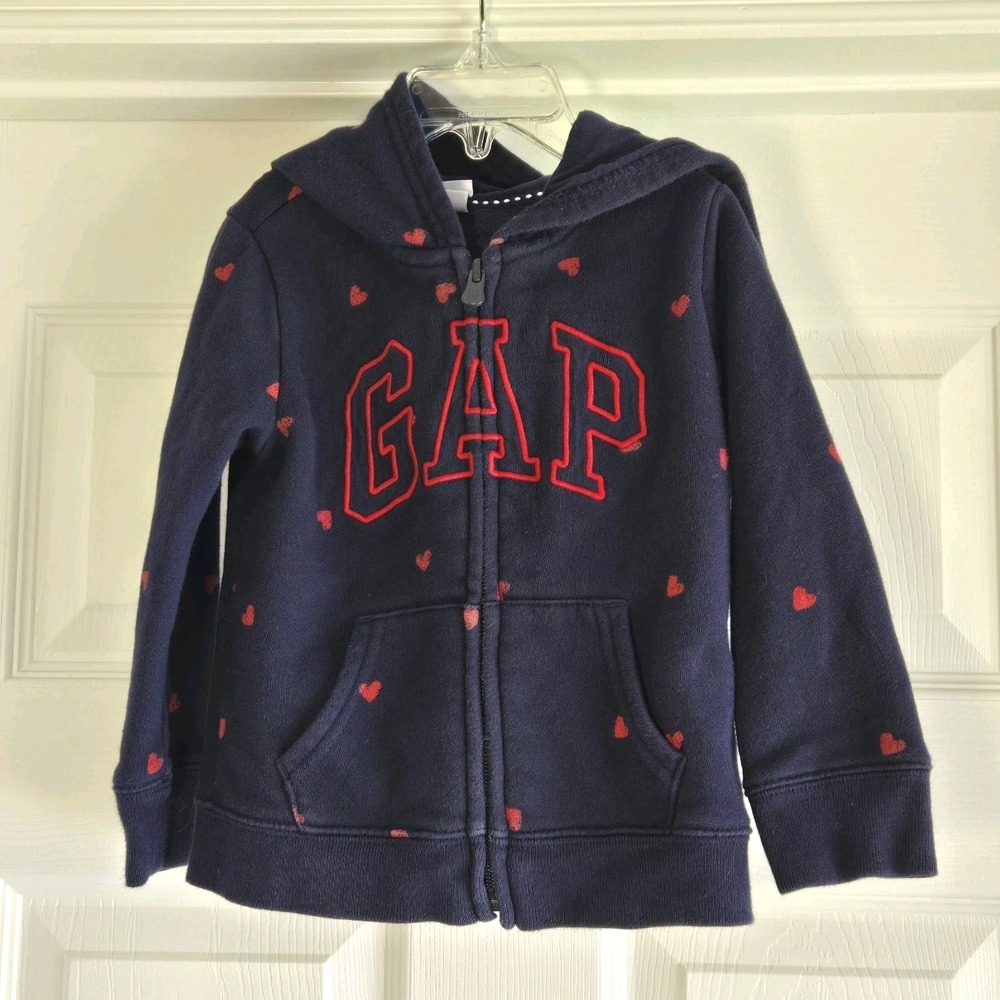 Baby Gap Logo Heart Print Full Zip Navy Hoodie Kids Size 3 Sweatshirt Cotton